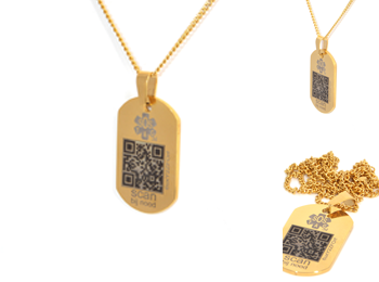 SOS hanger RVS medium goud met schakelketting en SOS QR-code.